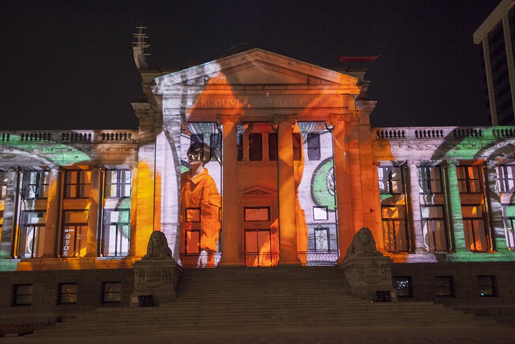 Orange Magpies projected onto the Vancouver Art Gallery, September 2017